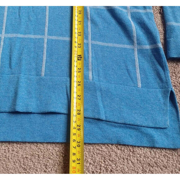 Lands End Plaid Split Hem Sweater Womens M 10-12 V-Neck Blue Nautical Check - Picture 8 of 8